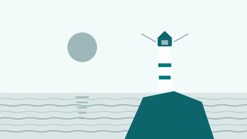 A white lighthouse on a headland above a calm sea, the sun low on the left