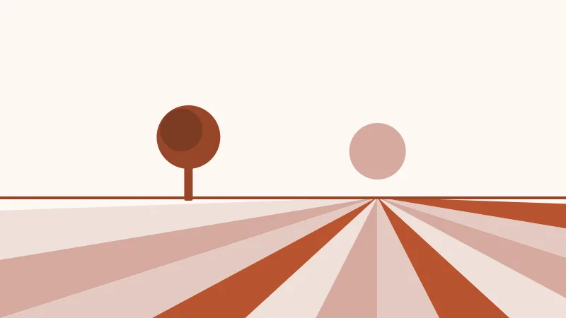 Striped fields running to the horizon with a single tree on the left