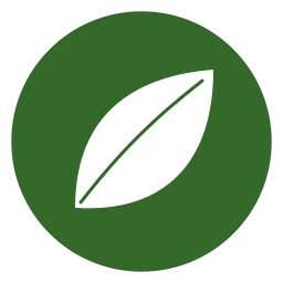 A round green mark with a single white leaf